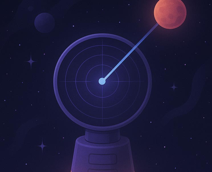Futuristic space radar scanning planets, symbolizing keyword research and competitor analysis for Spokane SEO.