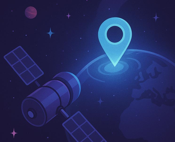 Satellite orbiting Earth with a glowing Spokane location pin, symbolizing local SEO services for businesses in Spokane.
