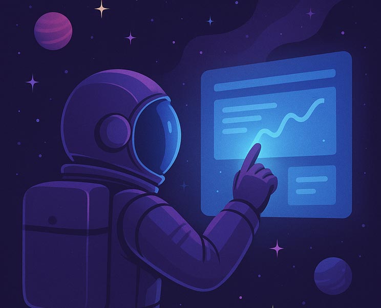 Astronaut pointing at a glowing holographic screen in space, representing on-page SEO optimization for Spokane companies.