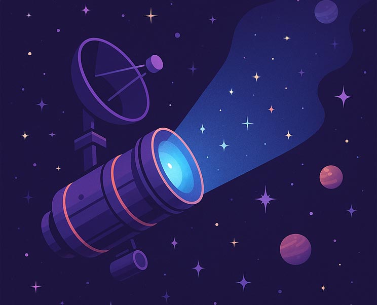 Futuristic space telescope scanning stars, symbolizing SEO audits and strategy for Spokane businesses.