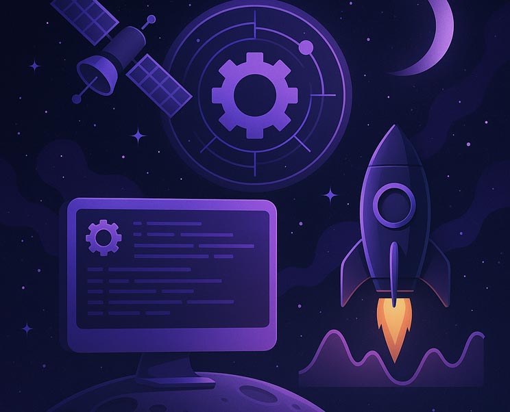 Spaceship dashboard with glowing holographic systems and rocket launch, representing technical SEO improvements for Spokane websites.