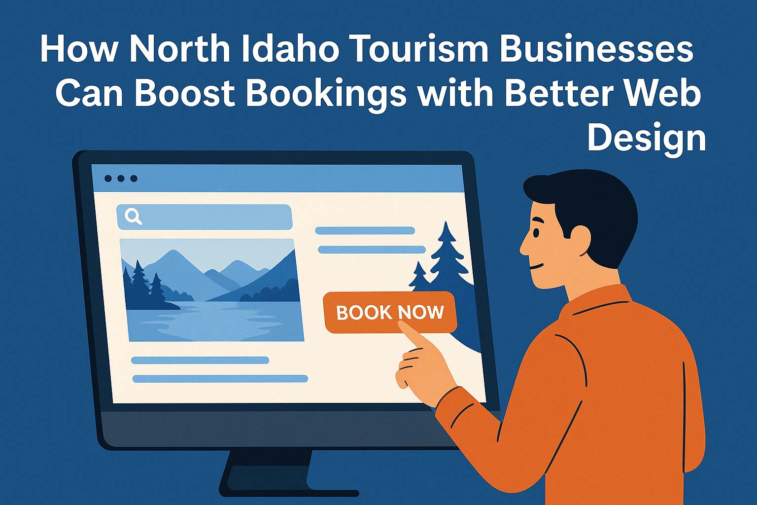 Illustration for 2Dudes blog post titled 'How North Idaho Tourism Businesses Can Boost Bookings with Better Web Design,' showing a man pointing to a 'Book Now' button on a scenic website featuring North Idaho mountains and lake views, symbolizing online booking optimization for tourism businesses.