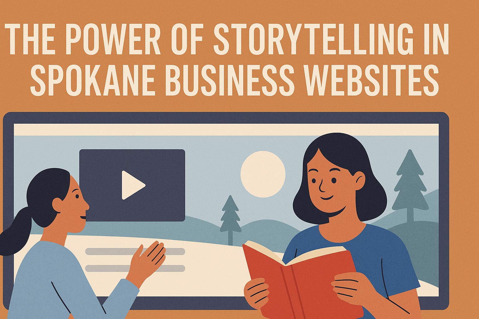 Horizontal illustration for 2Dudes blog post titled 'The Power of Storytelling in Spokane Business Websites,' showing a person on a computer screen reading a book to another person, symbolizing brand storytelling, connection, and web design strategies for Spokane and North Idaho businesses.