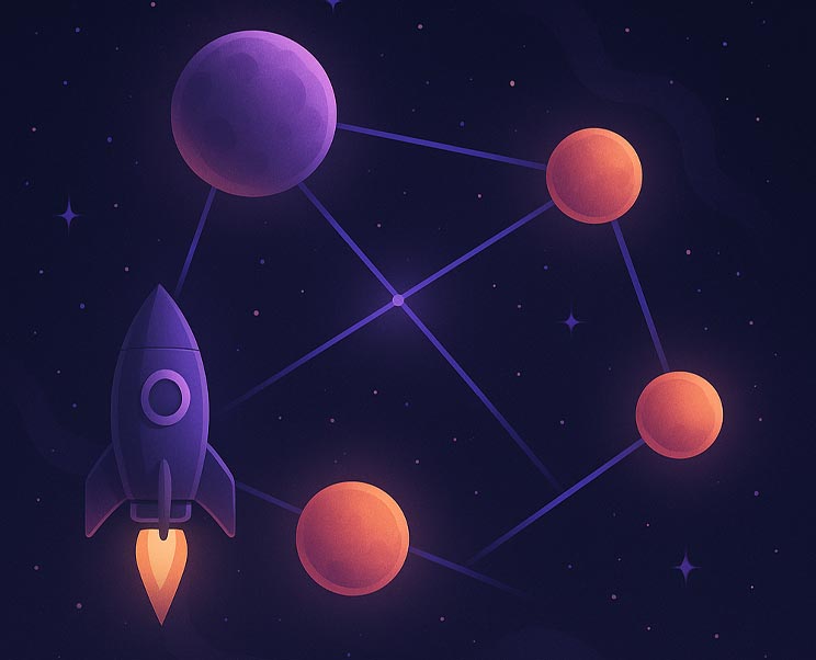 Glowing planets connected by bright lines of light, symbolizing link building for Spokane SEO.