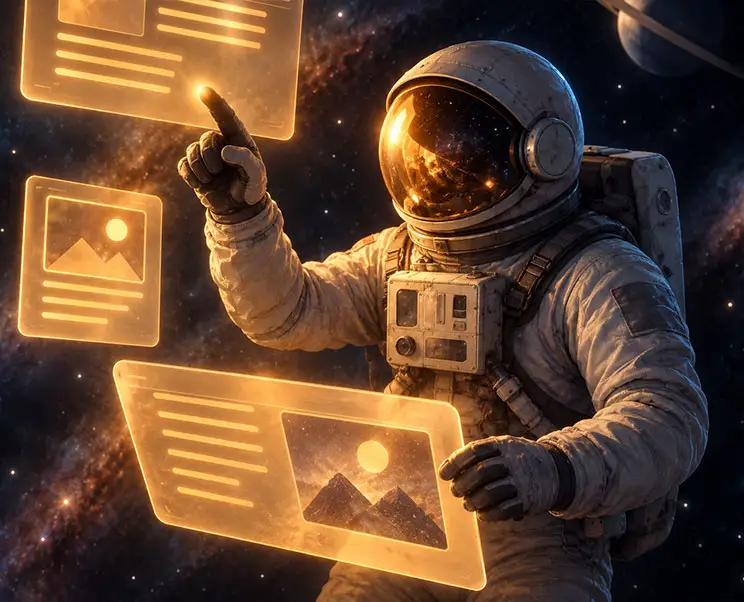 Astronaut arranging glowing website page layouts in space