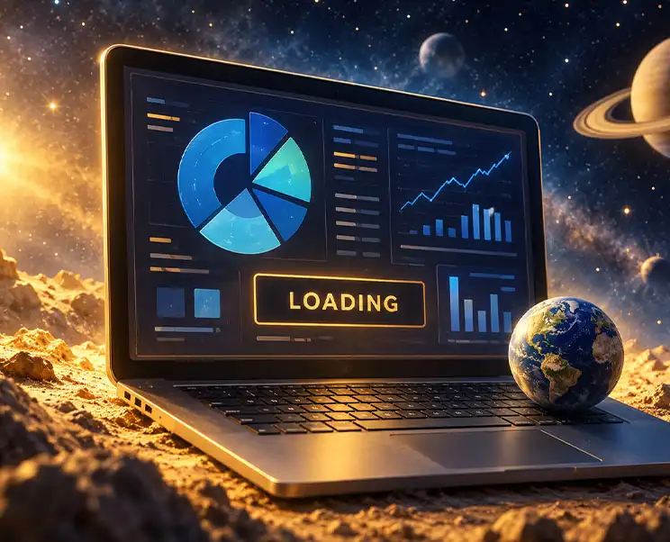 Laptop showing a website performance dashboard on a rocky planet